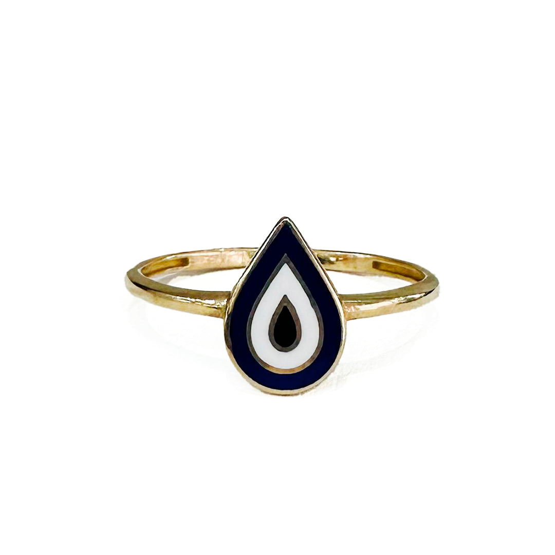 ANILLO CASUAL CON LAGRIMA AZUL Y BLANCO DE ORO DE 10K