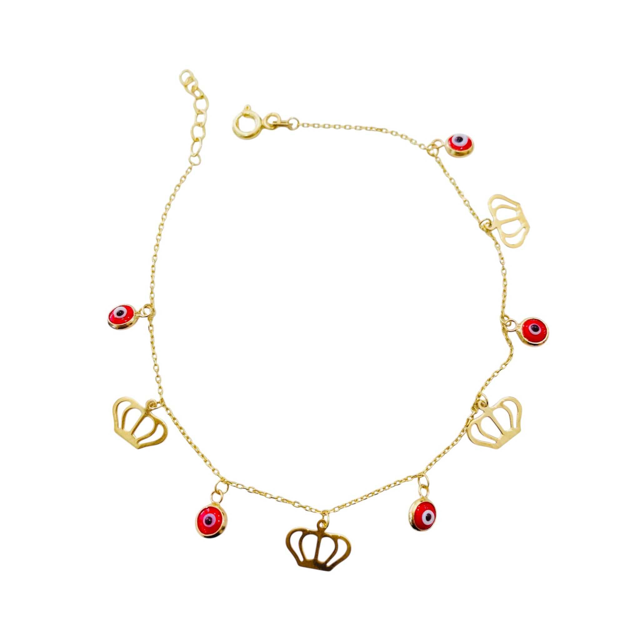 PULSERA OJO TURCO ROJO Y CORONAS oro amarillo 10k