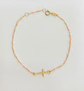 Pulsera oro 10k con cruz y cuentas rosas